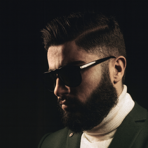 Man wearing sunglasses and a white turtleneck against a dark background