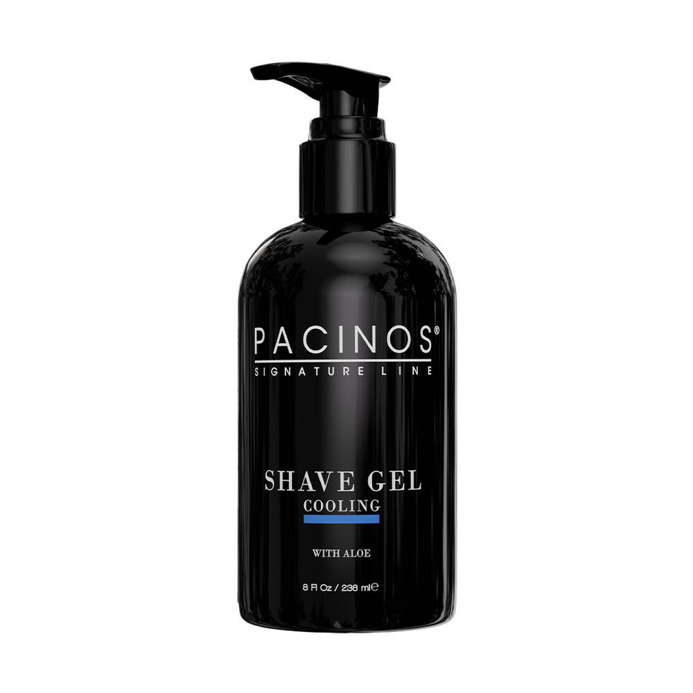 Black bottle of Pacinos Shave Gel on a white background